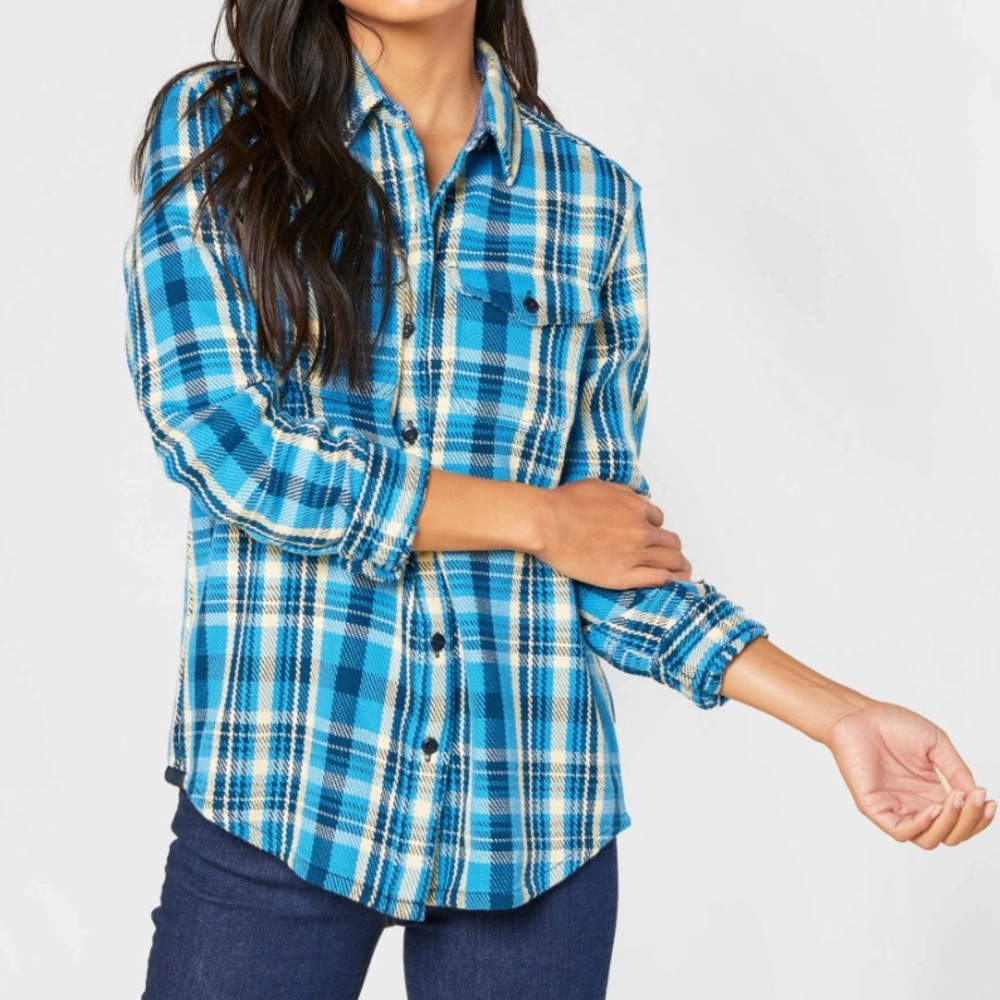 Outerknown Blue Wave Ventana Plaid Organic Cotton Blanket Shirt. Size M/L